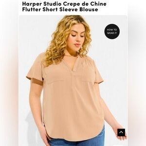 Torrid Harper Studio Crepe de Chine Flutter Sleeve Short Sleeve Beige Blouse 1X